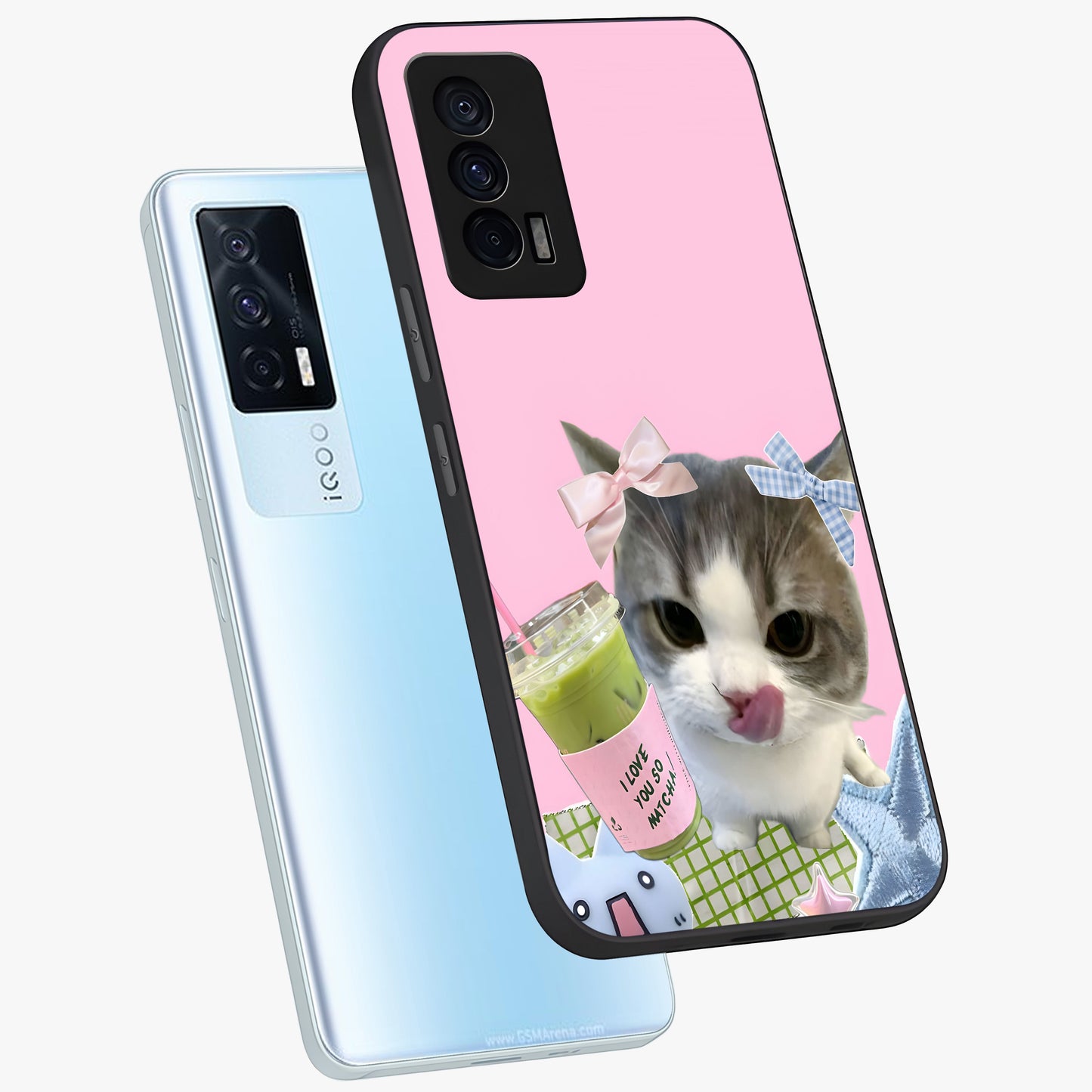 Love Matcha Cat Glass Case displayed in angled mockup highlighting playful feline illustration with cozy matcha aesthetic.