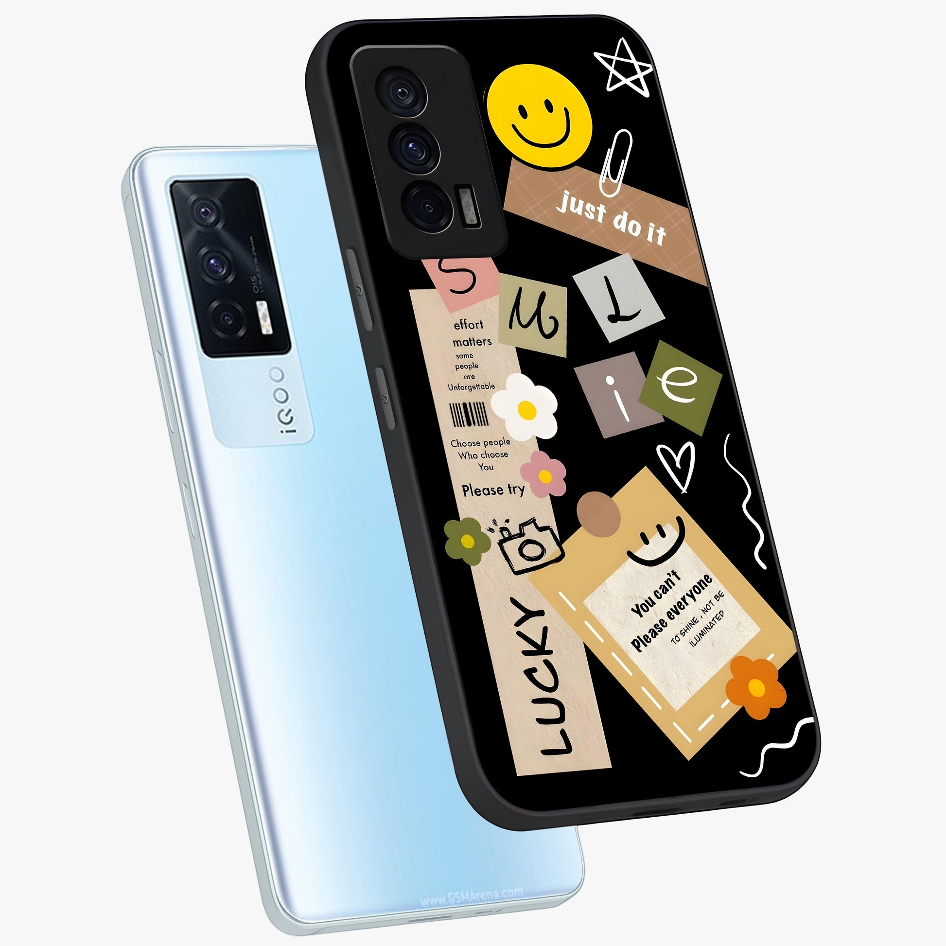 Lucky Aesthetic Collage Glass Case displayed in angled mockup highlighting stylish collage pattern with modern aesthetic vibe.