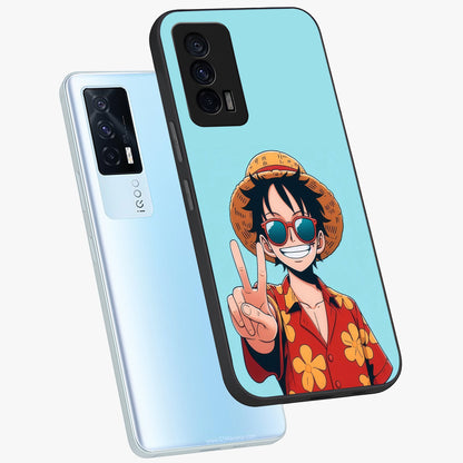 Luffy Summer Anime Vibe Glass Case displayed in angled mockup highlighting energetic anime illustration with summer vibe aesthetic.
