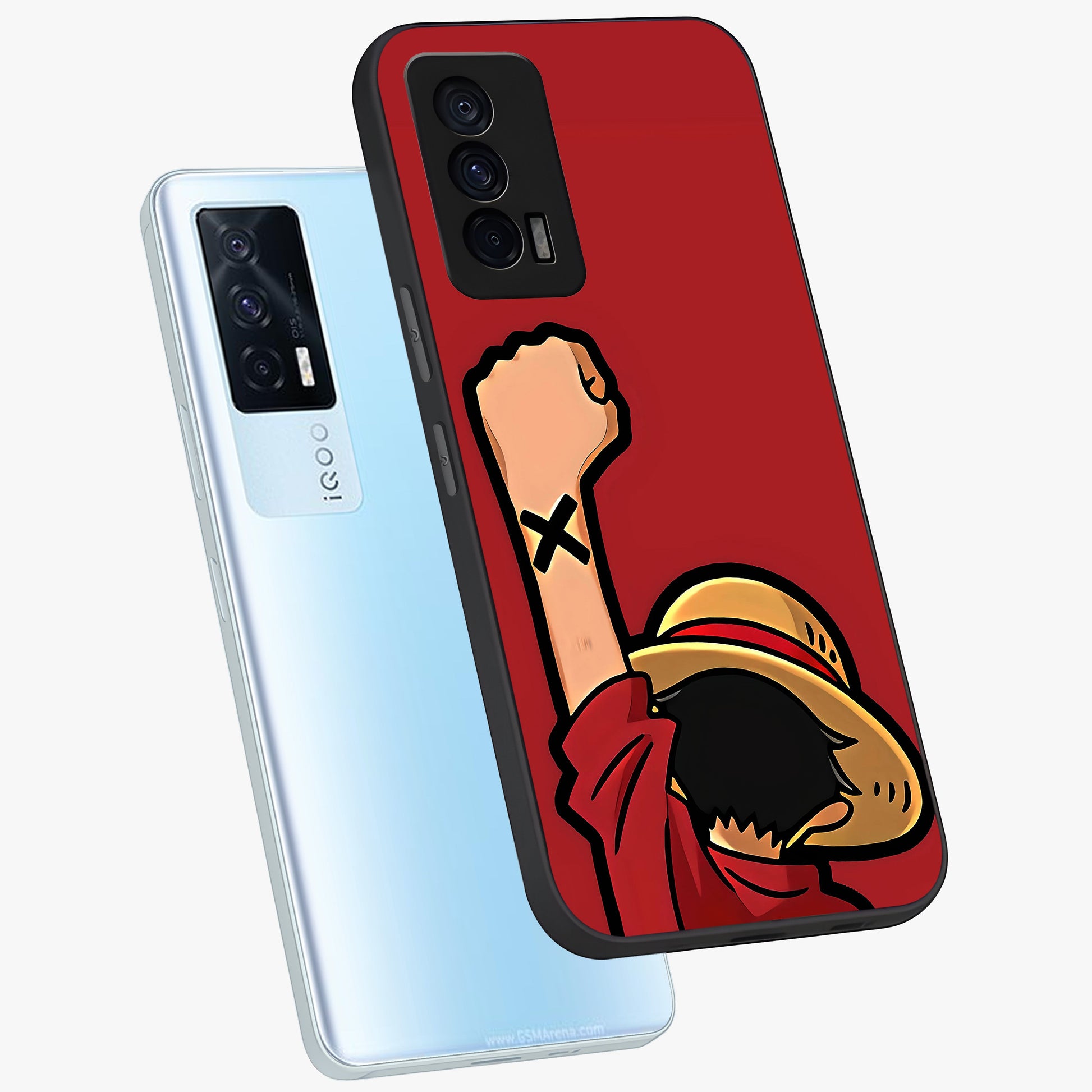 Luffy X Spirit Glass Case displayed in angled mockup highlighting powerful anime design with energetic action aesthetic.