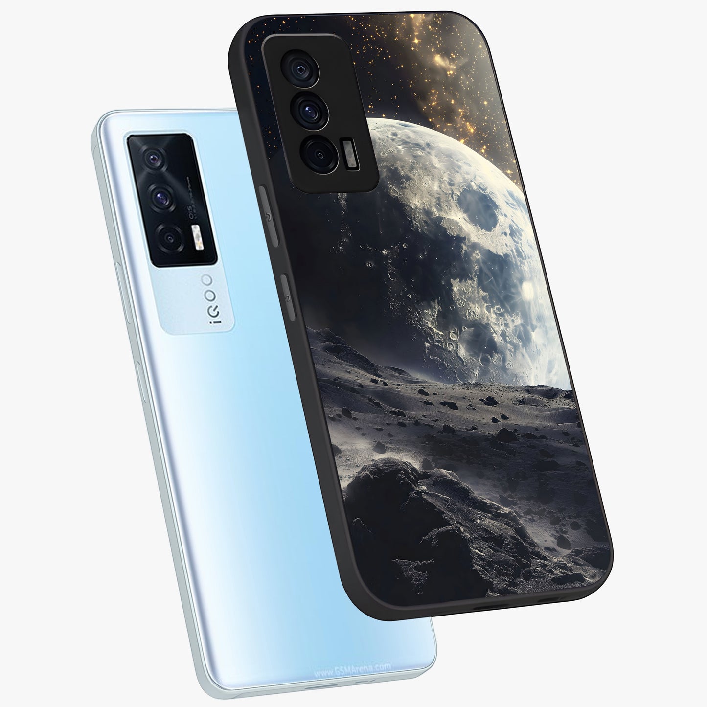 Lunar Horizon Glow Glass Case displayed in angled mockup highlighting celestial moon design with dreamy night aesthetic.