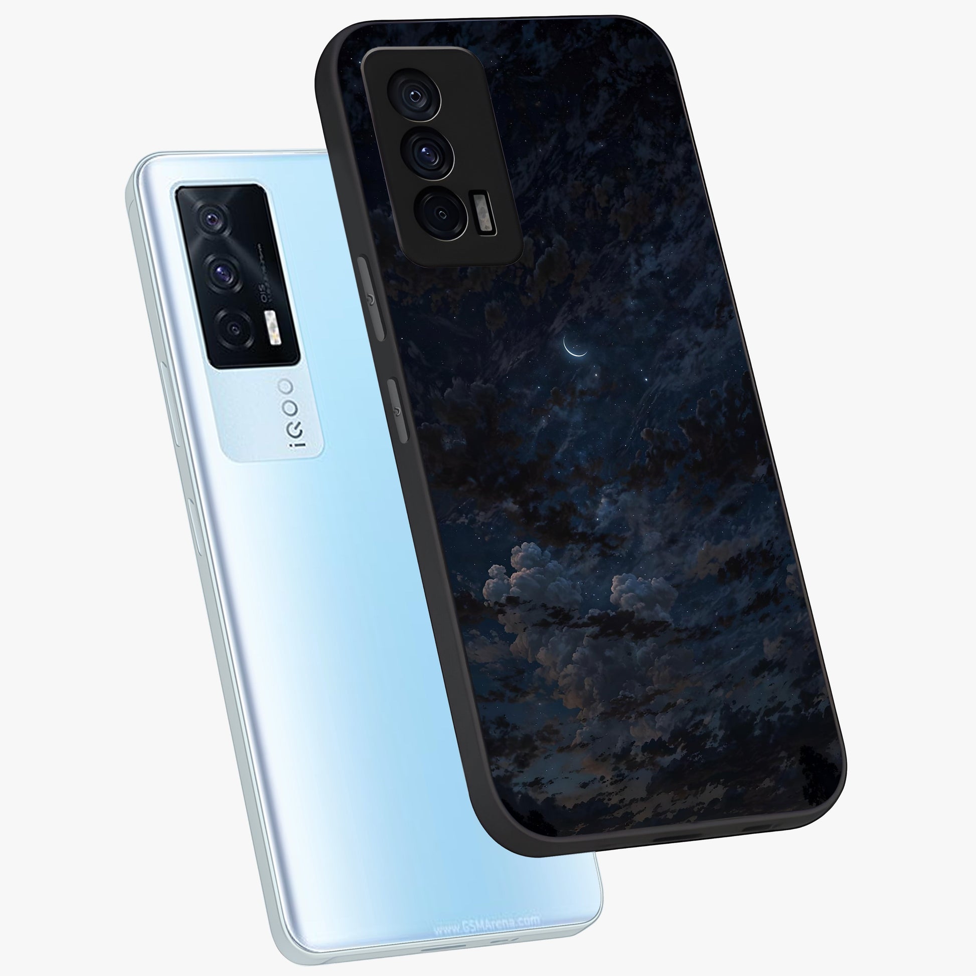 Lunar Veil Silence Glass Case displayed in angled mockup highlighting soft lunar design with peaceful celestial aesthetic.