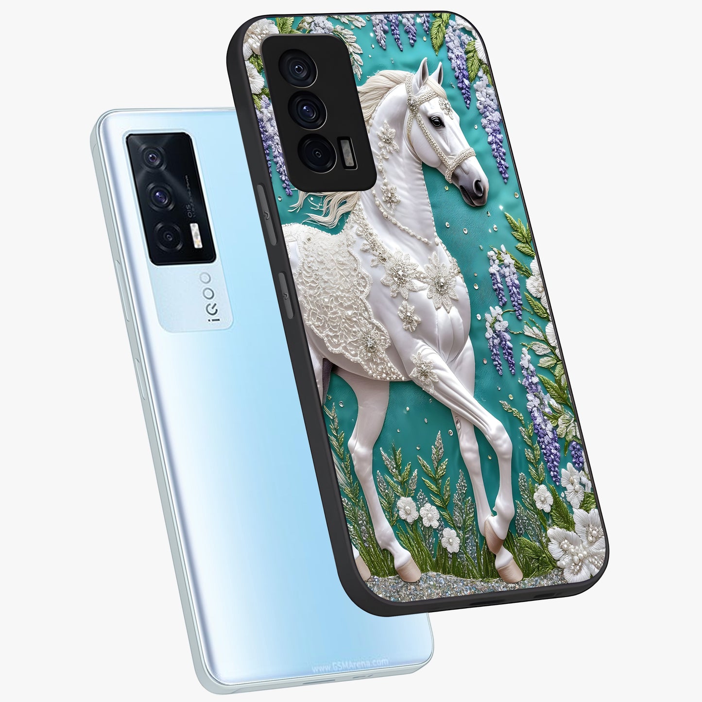Majestic Floral Stallion Glass Case displayed in angled mockup highlighting majestic stallion illustration with elegant floral aesthetic.