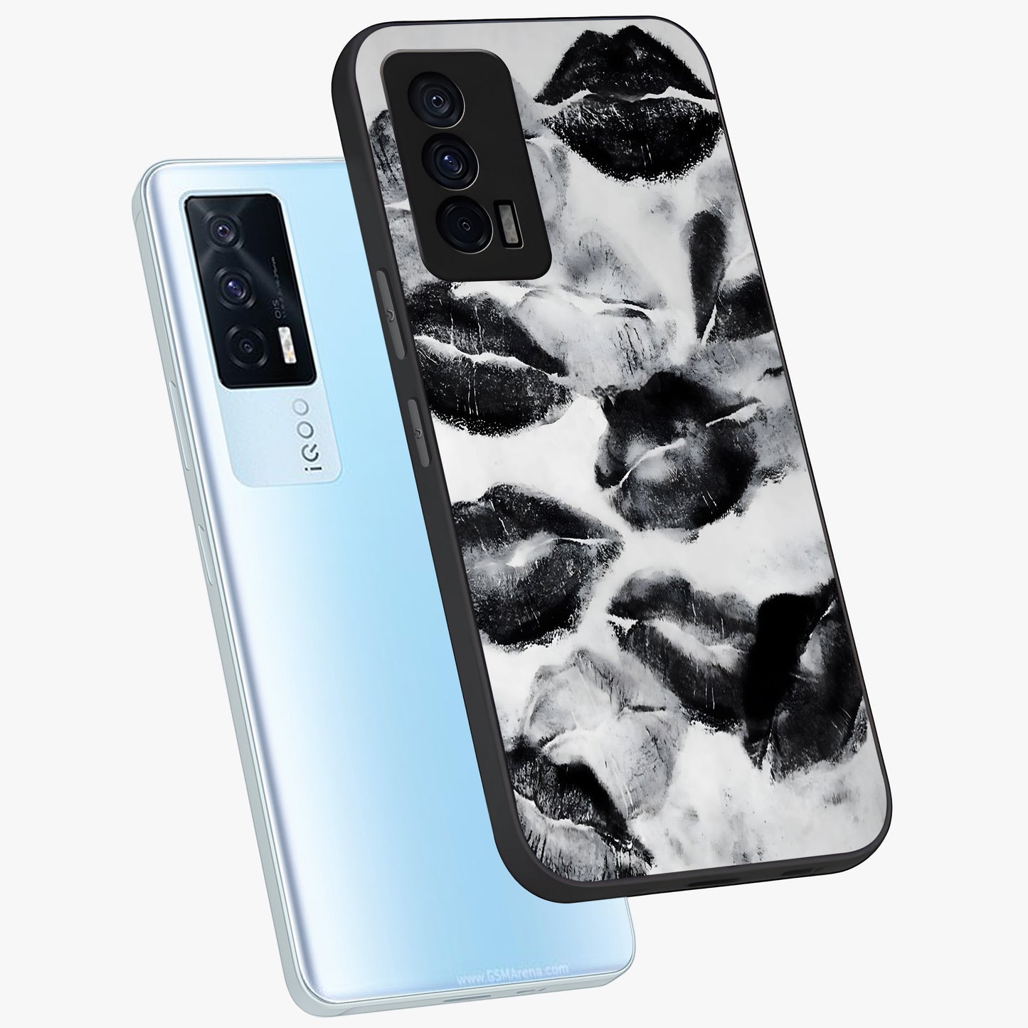 Midnight Kiss Marks Glass Case displayed in angled mockup highlighting playful romantic design with bold midnight aesthetic.