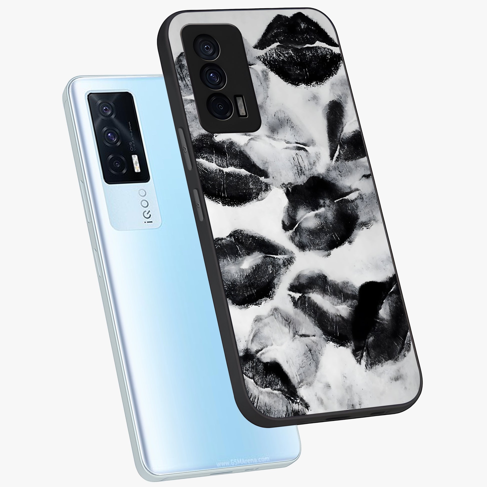 Midnight Kiss Marks Glass Case displayed in angled mockup highlighting playful romantic design with bold midnight aesthetic.