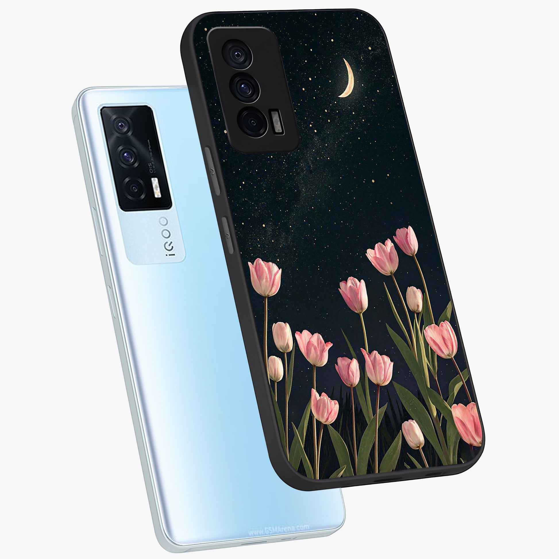 Midnight Tulip Whispers Vibe Glass Case displayed in angled mockup highlighting delicate tulip design with midnight floral aesthetic.