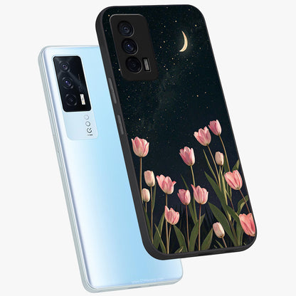 Midnight Tulip Whispers Vibe Glass Case displayed in angled mockup highlighting delicate tulip design with midnight floral aesthetic.