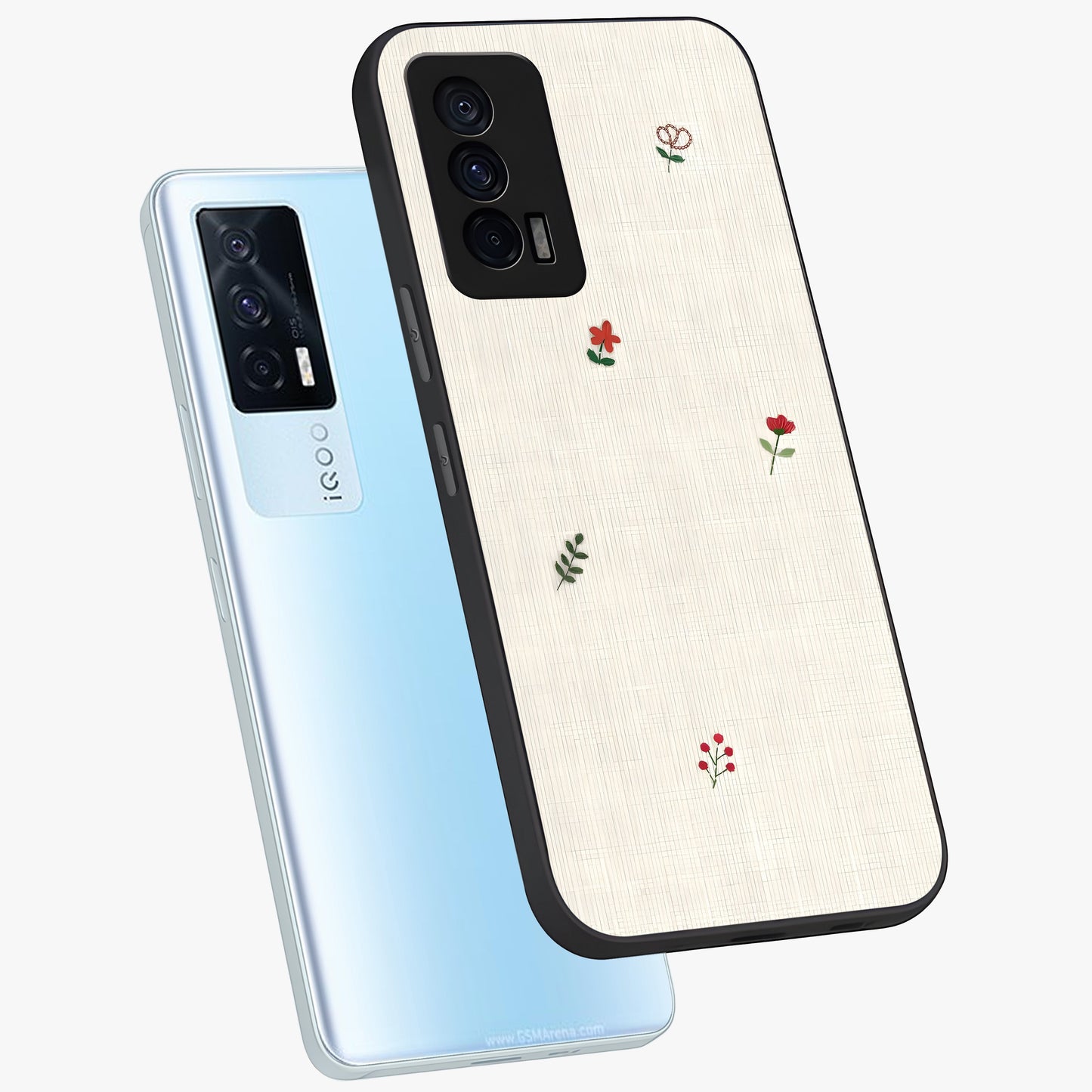 Minimalistic Blue With White Flower Pattern Glass Case displayed in angled mockup highlighting simple floral design with minimal aesthetic.