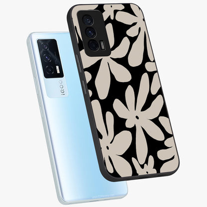 Monochrome Petal Dance Glass Case displayed in angled mockup highlighting elegant petal design with black and white aesthetic.