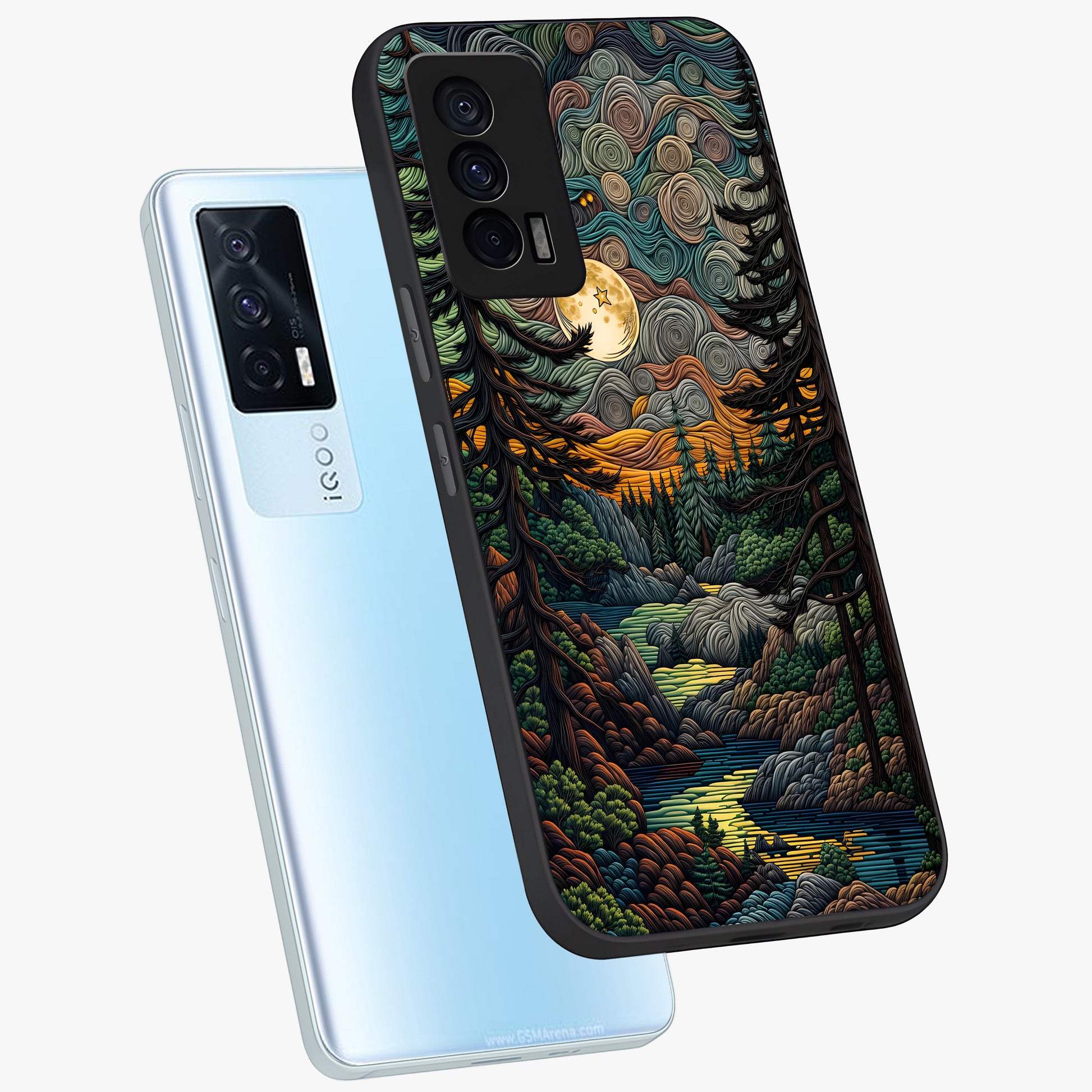 Moonlight Forest Dream Glass Case displayed in angled mockup highlighting dreamy forest design with glowing moon aesthetic.