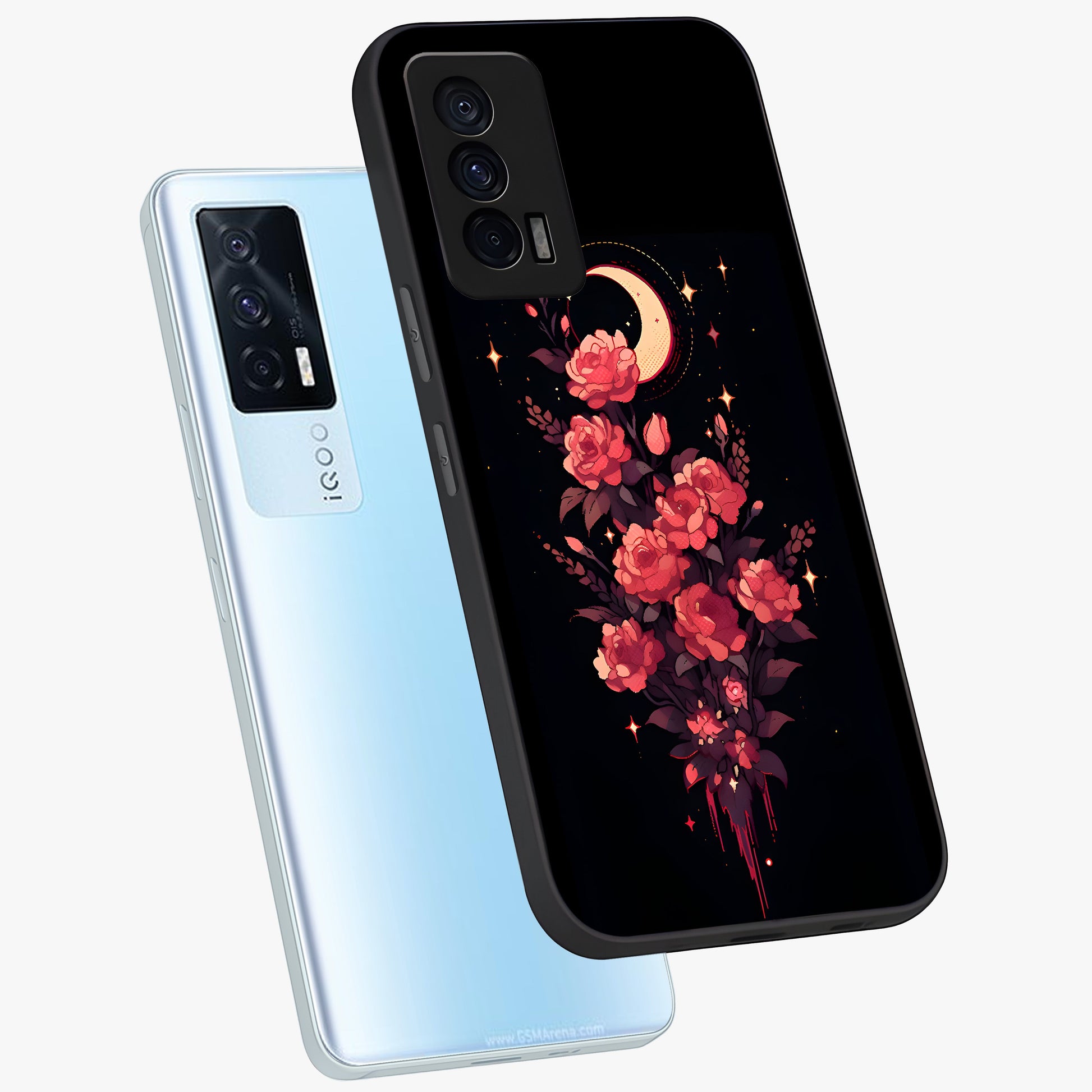 Moonlit Floral Elegance Glass Case displayed in angled mockup highlighting graceful flower design with soft moonlight aesthetic.
