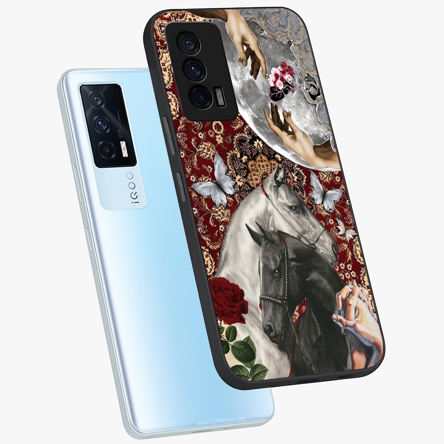Moonlit Royal Stallion Glass Case displayed in angled mockup highlighting powerful stallion illustration with royal night aesthetic.