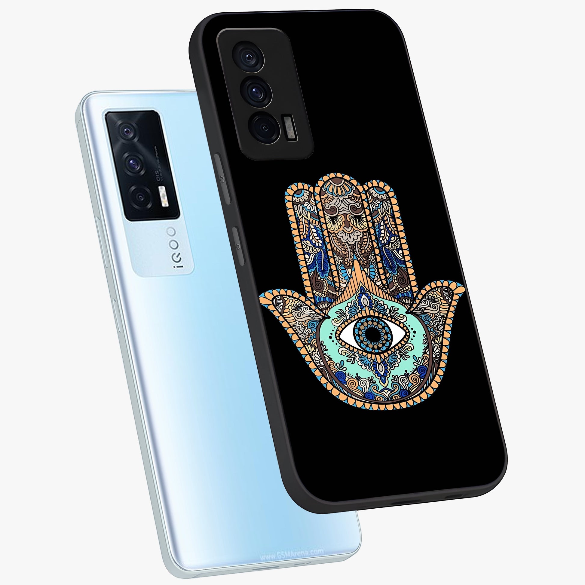Mystic Hamsa Eye Glass Case displayed in angled mockup highlighting spiritual hamsa symbol with mystical aesthetic style.
