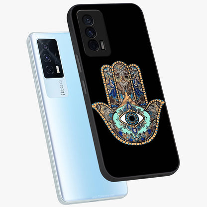 Mystic Hamsa Eye Glass Case displayed in angled mockup highlighting spiritual hamsa symbol with mystical aesthetic style.