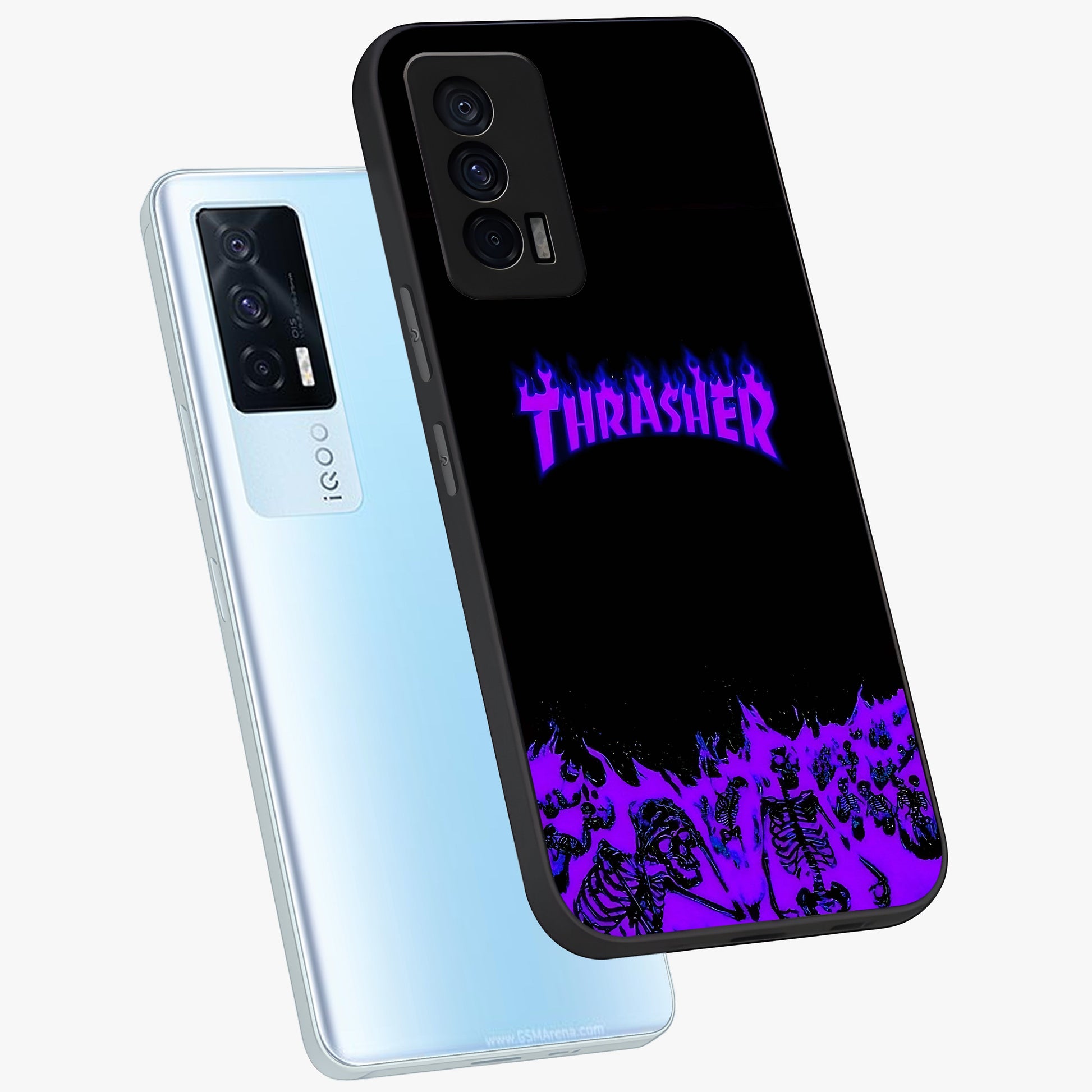 Neon Flame Riot Glass Case displayed in angled mockup highlighting glowing flame design with vibrant neon aesthetic.
