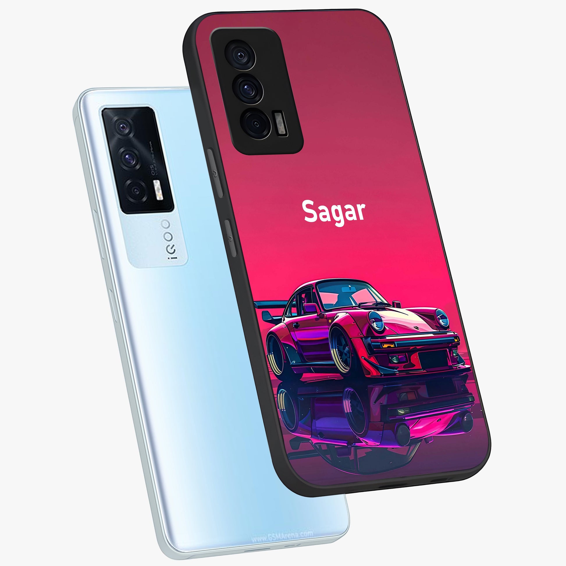 Neon Pink Porsche Glass Case displayed in angled mockup highlighting sleek neon pink car design with racing aesthetic.