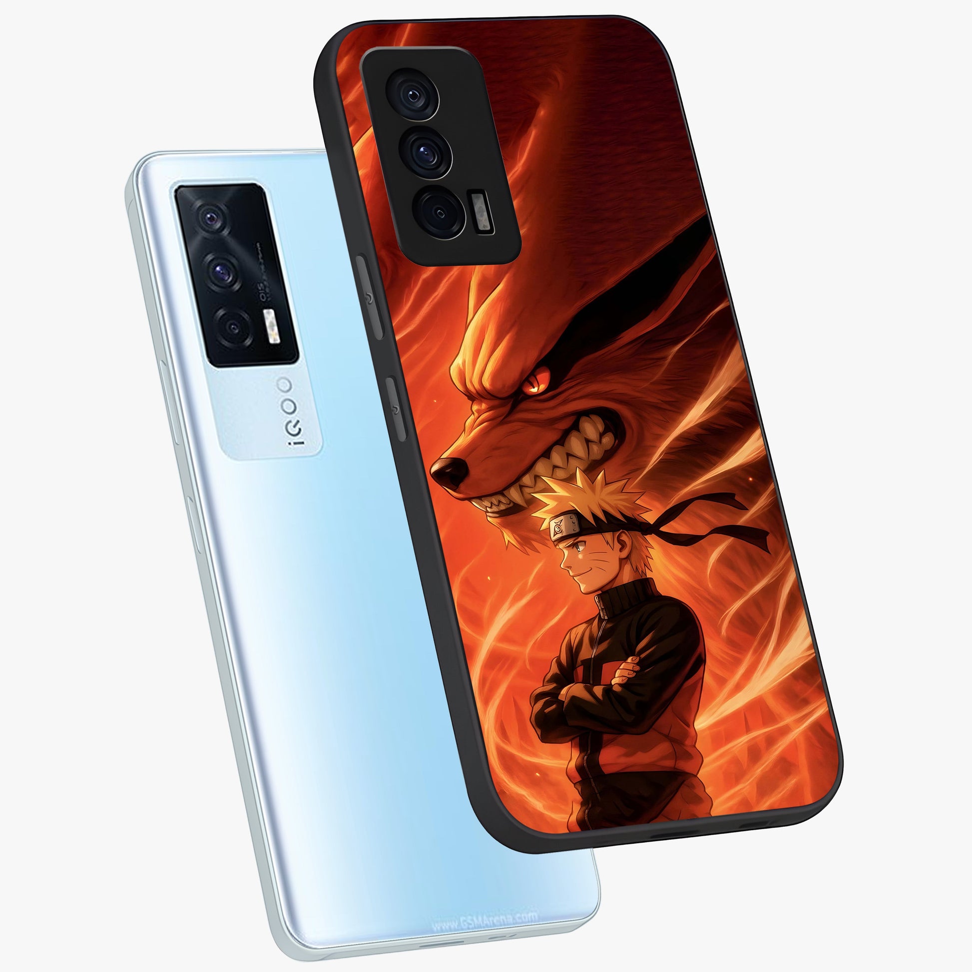 Nine Tails Legacy Glass Case displayed in angled mockup highlighting dynamic anime beast illustration with bold mystical aesthetic.