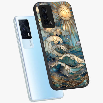 Oceanic Stained Printed Glass Case displayed in angled mockup highlighting colorful aquatic design with artistic aesthetic style.