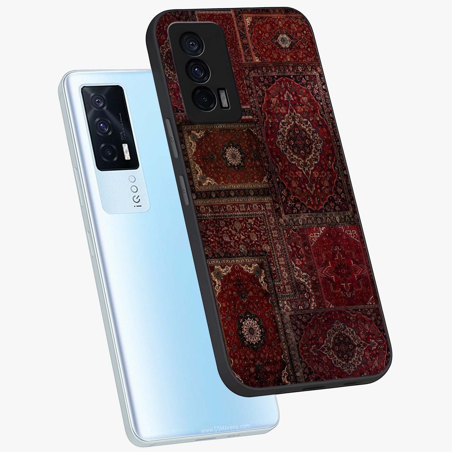 Persian Velvet Tale Glass Case displayed in angled mockup highlighting ornate textile inspired design with royal aesthetic.