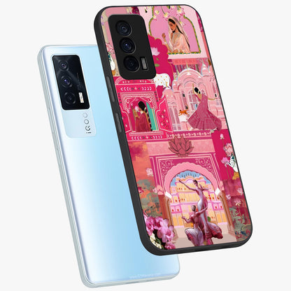 Pink Palace Muse Glass Case displayed in angled mockup highlighting dreamy palace illustration with soft pink aesthetic.