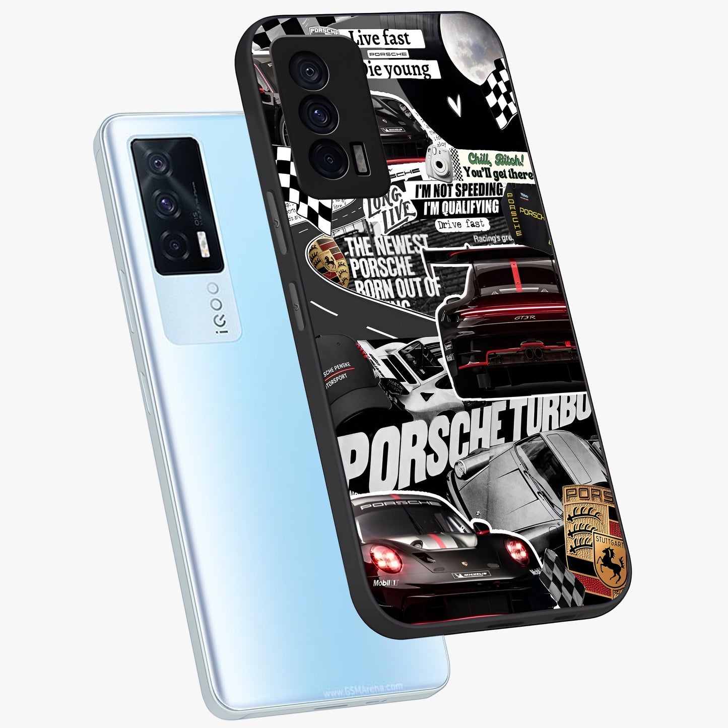 Porsche Racing Collage Glass Case displayed in angled mockup highlighting dynamic automotive design with bold racing aesthetic.
