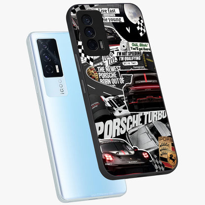 Porsche Racing Collage Glass Case displayed in angled mockup highlighting dynamic automotive design with bold racing aesthetic.