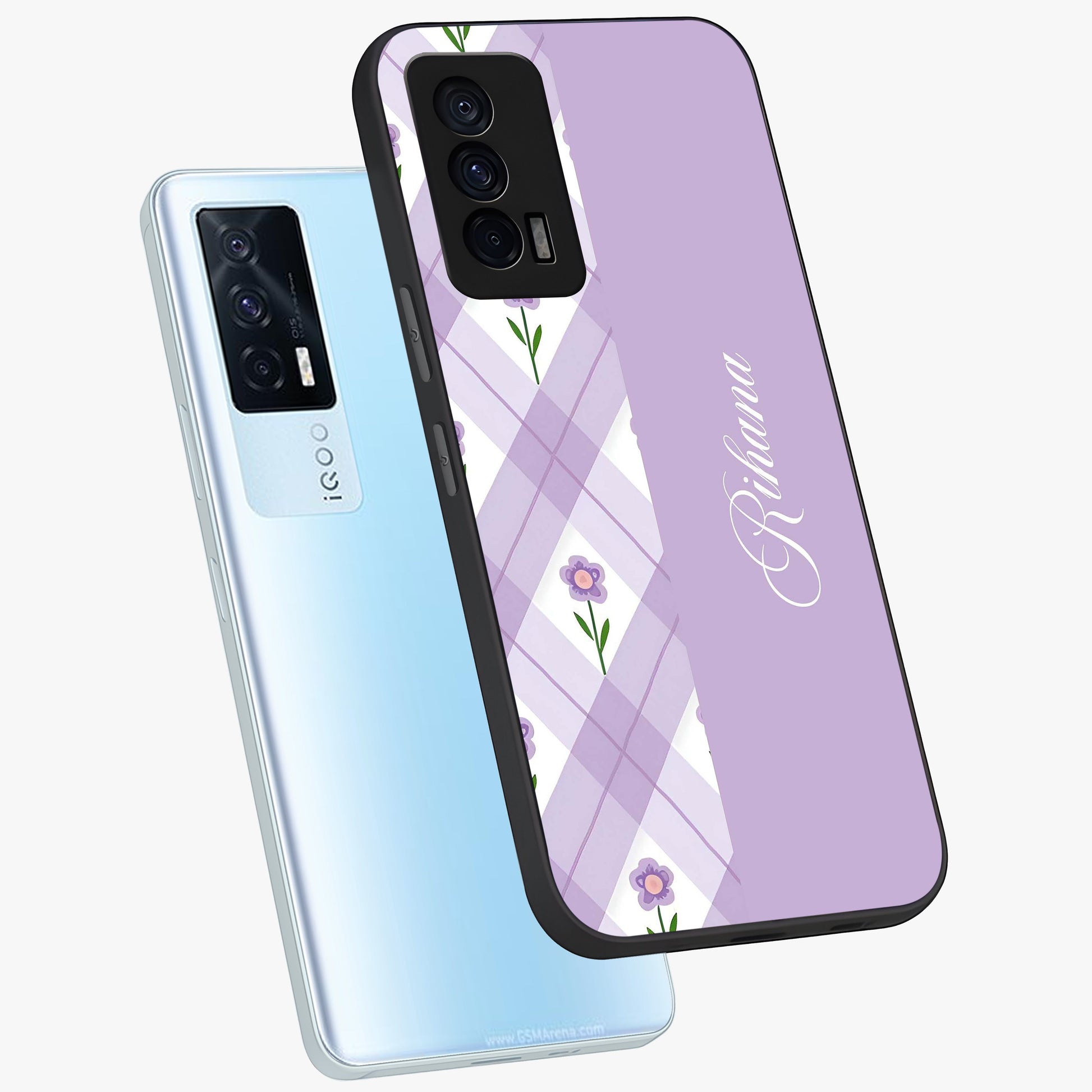 Purple Diamond Floral Glass Case displayed in angled mockup highlighting elegant purple flower design with decorative pattern.