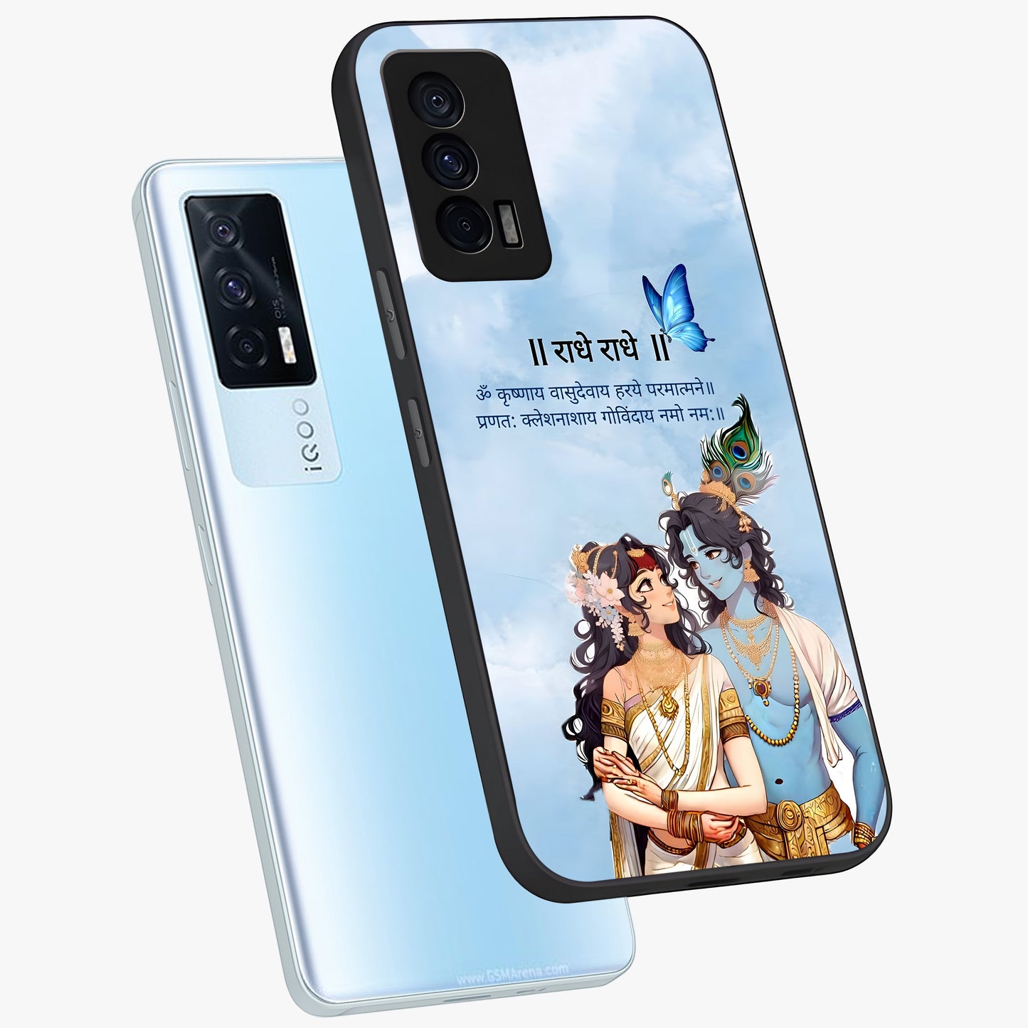 Radha Krishna Eternal Glass Case displayed in angled mockup highlighting divine Radha Krishna illustration with spiritual aesthetic.