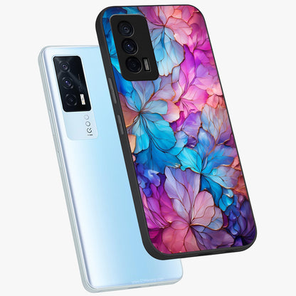 Radiant Floral Whirl Glass Case displayed in angled mockup highlighting vibrant flower pattern with dynamic artistic aesthetic.