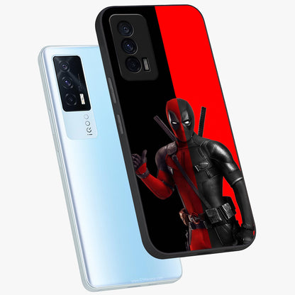Red & Black Deadpool Theme Glass Case displayed in angled mockup highlighting vibrant superhero style illustration with action aesthetic.