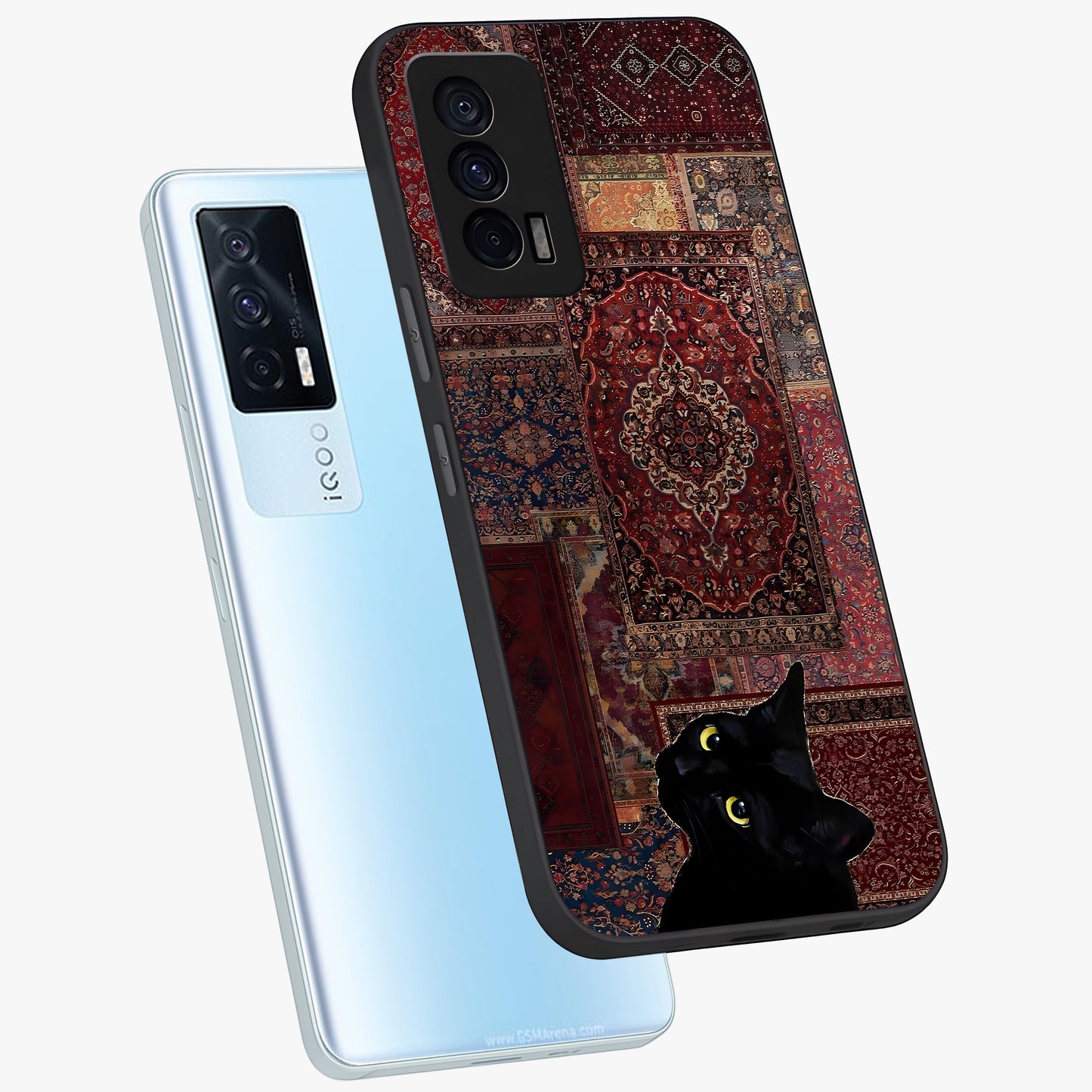 Regal Magic Cat Apple Glass Case displayed in angled mockup highlighting whimsical feline design with fantasy aesthetic.