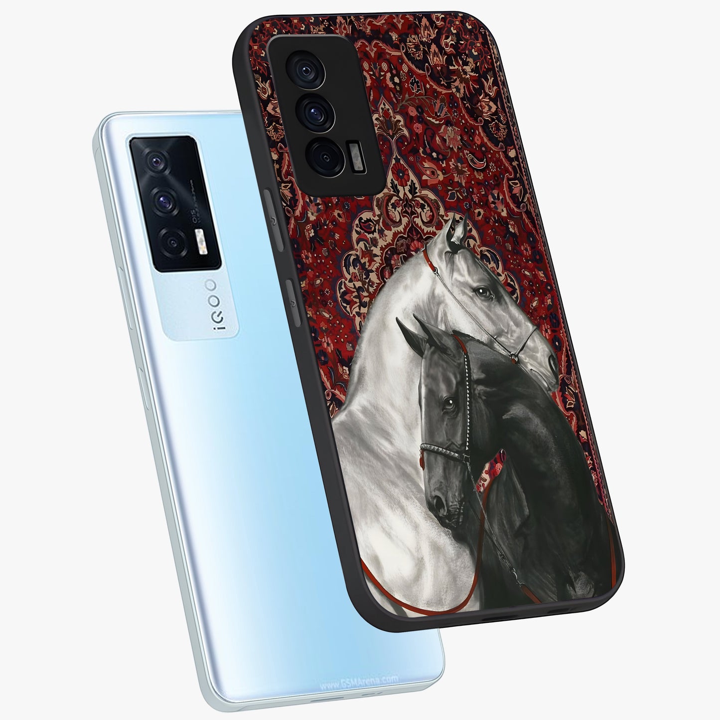 Regal Stallion Tapestry Glass Case displayed in angled mockup highlighting royal stallion design with decorative heritage aesthetic.