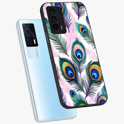Royal Peacock Feathers Glass Case displayed in angled mockup highlighting vibrant feather pattern with regal aesthetic style.