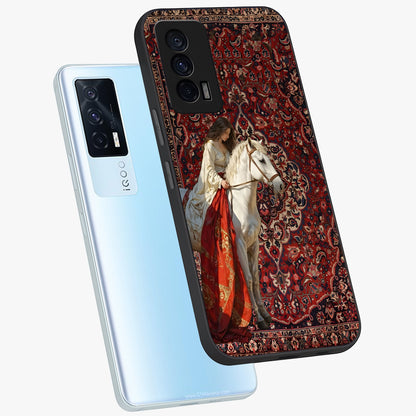 Royal Rider Tapestry Glass Case displayed in angled mockup highlighting traditional tapestry design with royal heritage aesthetic.