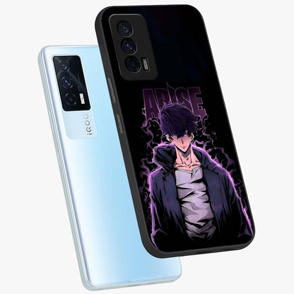 Shadow Monarch Awakening Glass Case displayed in angled mockup highlighting dramatic shadow warrior design with fantasy aesthetic.