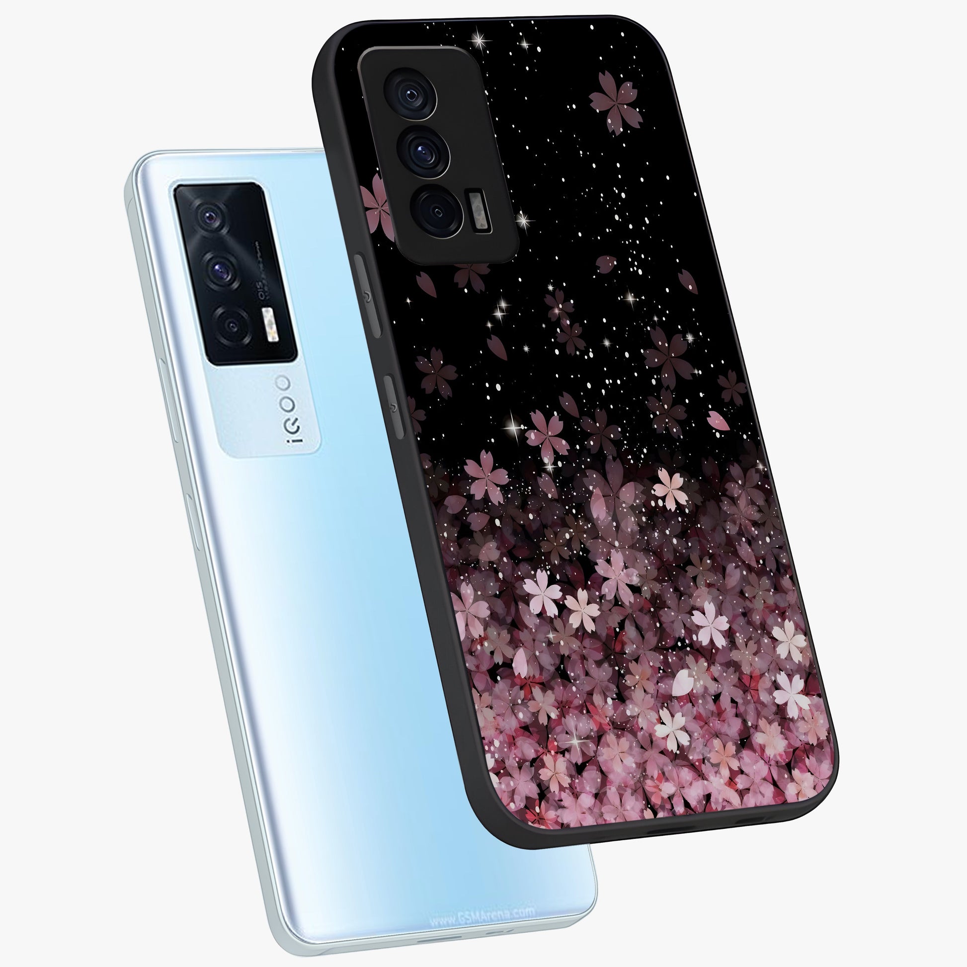 Small Starry Flowers Glass Case displayed in angled mockup highlighting tiny flower pattern with celestial aesthetic style.
