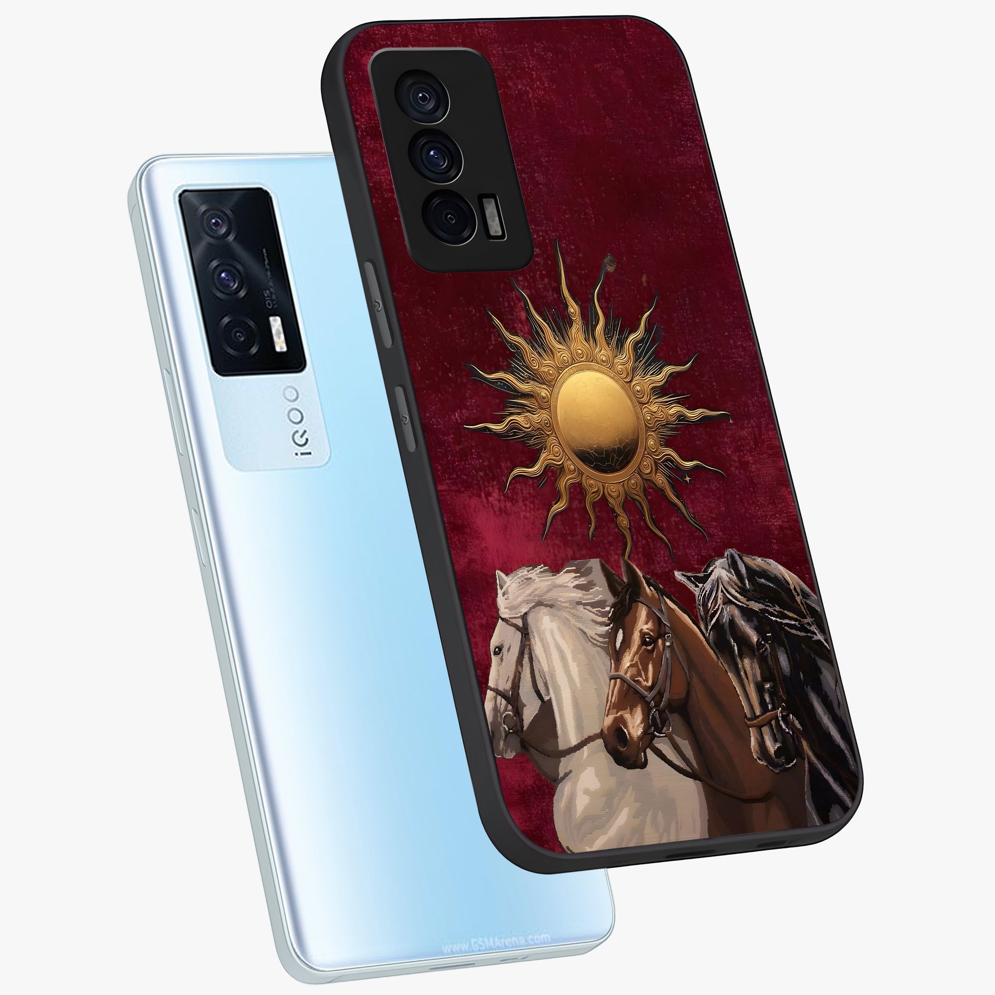 Solar Riders Glass Case displayed in angled mockup highlighting powerful rider illustration with radiant solar aesthetic.