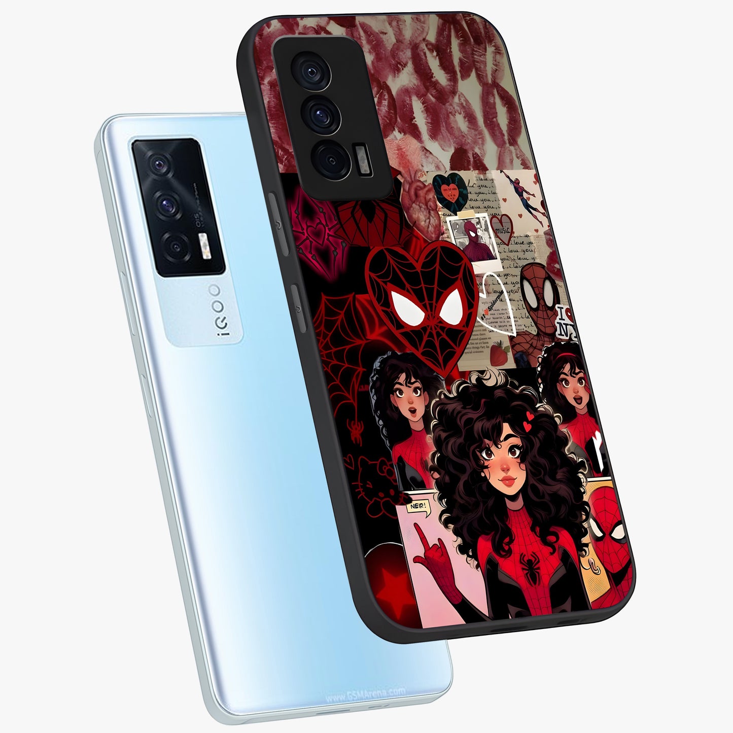 Spider Love Story Glass Case displayed in angled mockup highlighting expressive comic inspired design with playful aesthetic.