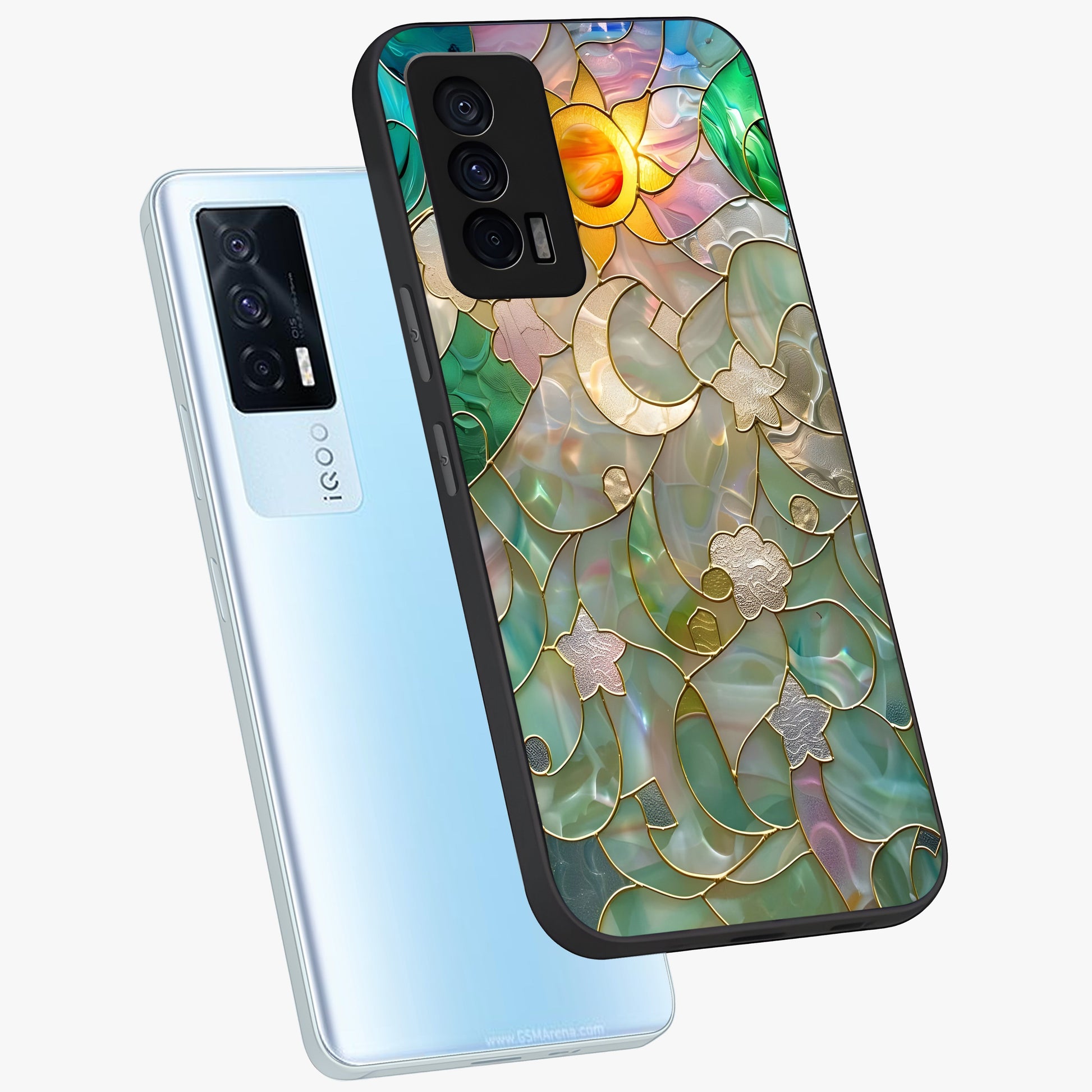 Stained Sunrise Glow Glass Case displayed in angled mockup highlighting radiant sunrise design with artistic aesthetic style.