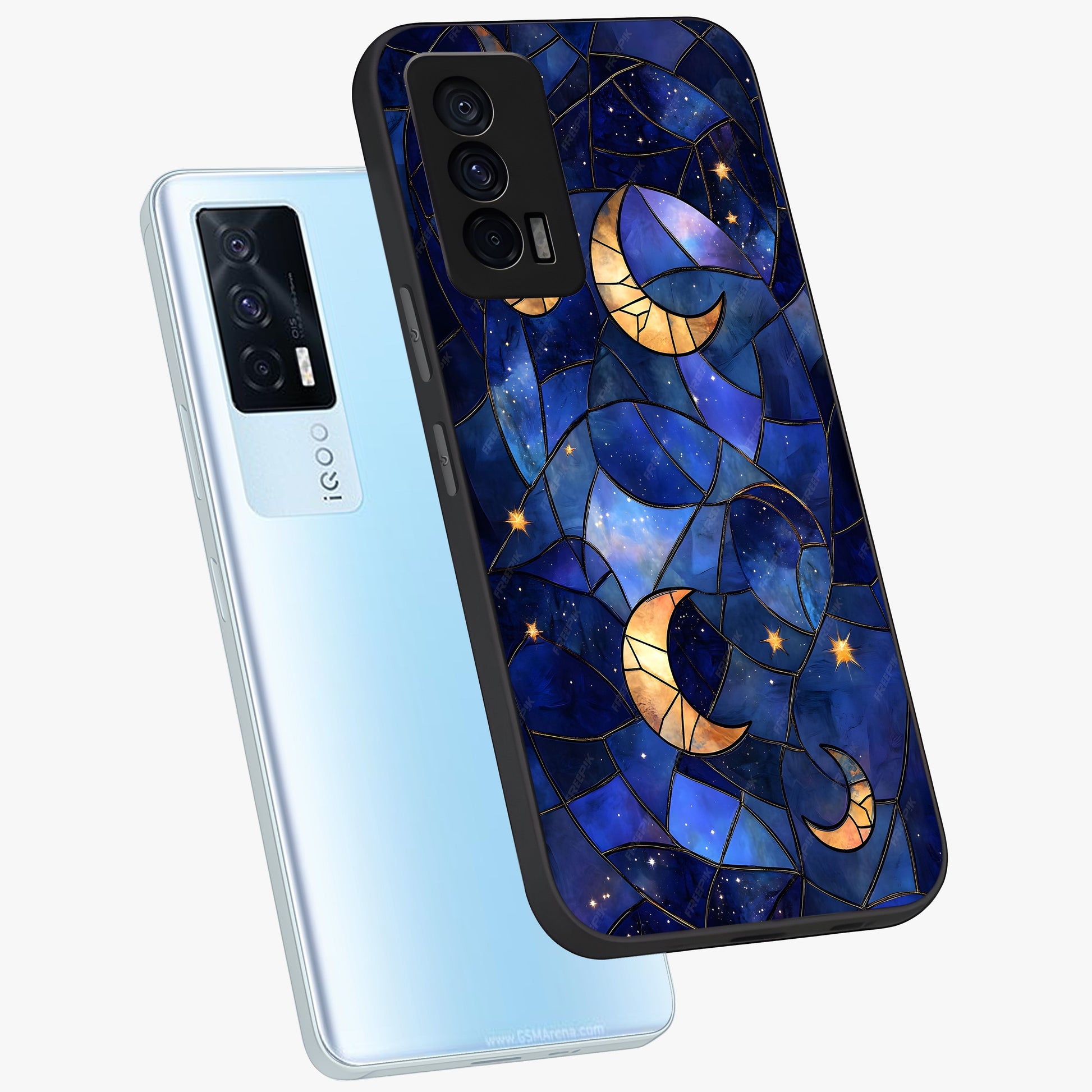 Starlit Sky Tapestry Glass Case displayed in angled mockup highlighting celestial night pattern with artistic aesthetic style.