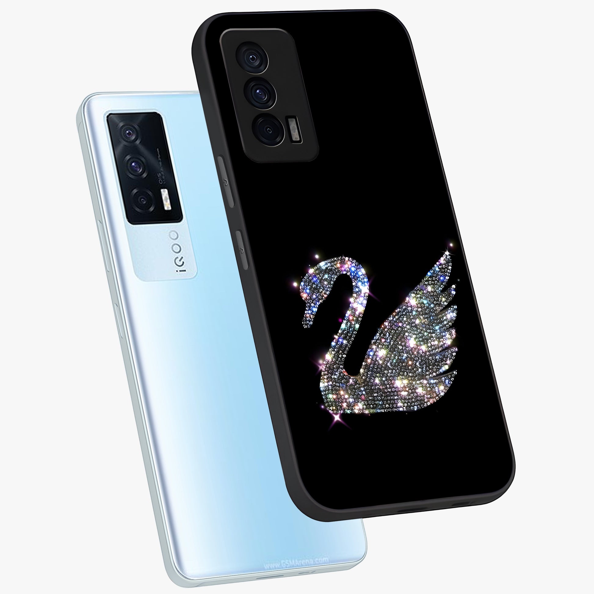 Starlit Swan Grace Glass Case displayed in angled mockup highlighting elegant swan illustration with dreamy celestial aesthetic.