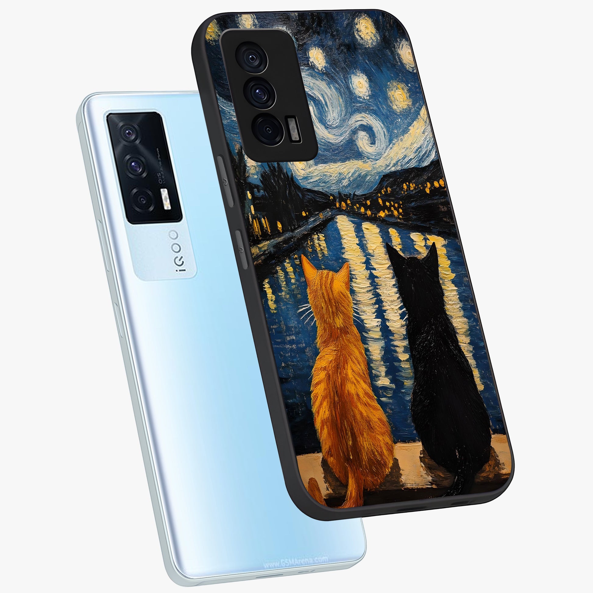 Starry River Cats Glass Case displayed in angled mockup highlighting charming feline illustration with dreamy night aesthetic.
