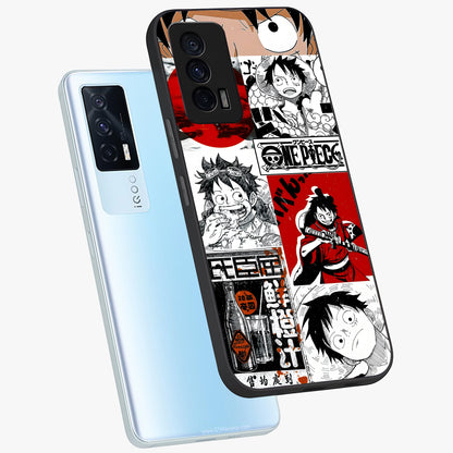 Strawhat Chaos Panels Glass Case displayed in angled mockup highlighting vibrant anime collage design with action aesthetic.