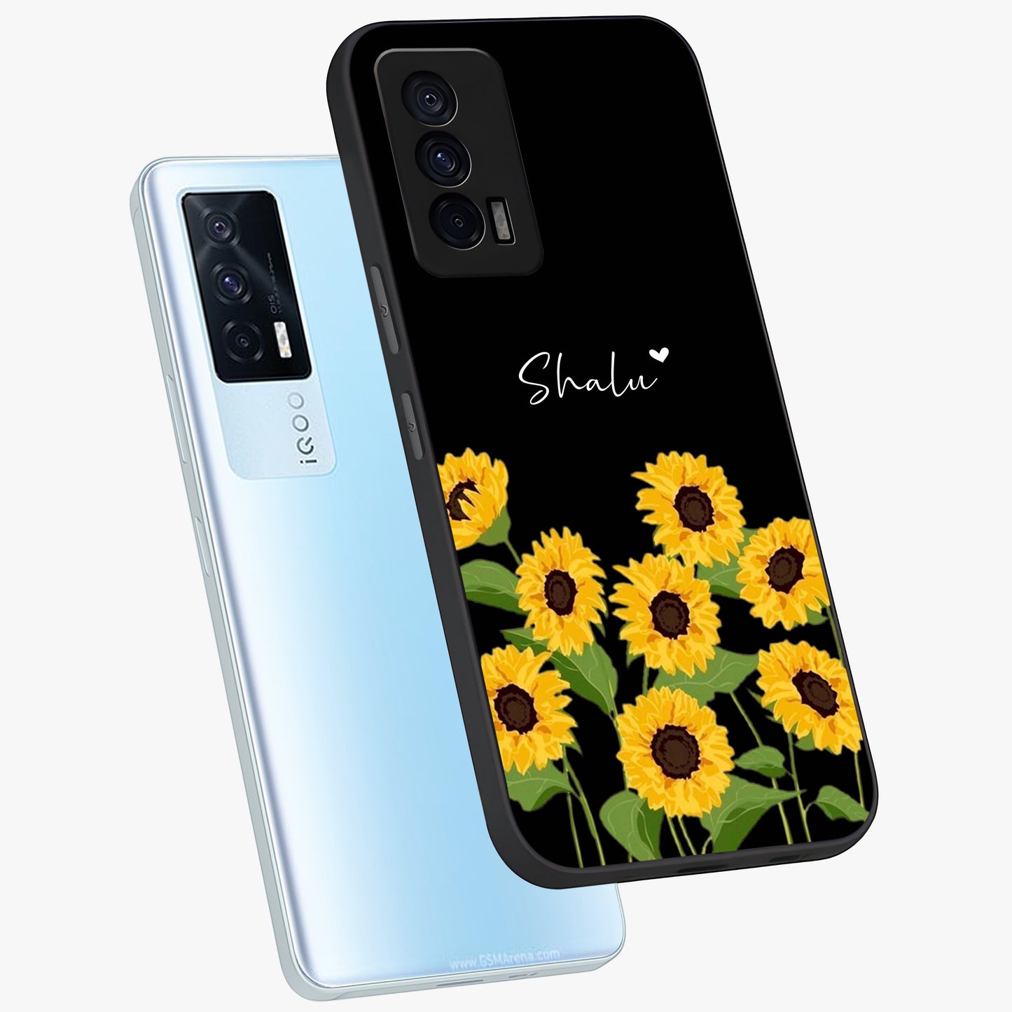 Sunflower Chic Mood Custom Name Glass Case displayed in angled mockup highlighting vibrant sunflower design with custom name feature.