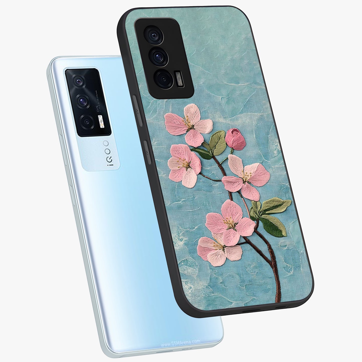 Threaded Blossom Breeze Glass Case displayed in angled mockup highlighting elegant floral design with soft aesthetic style.