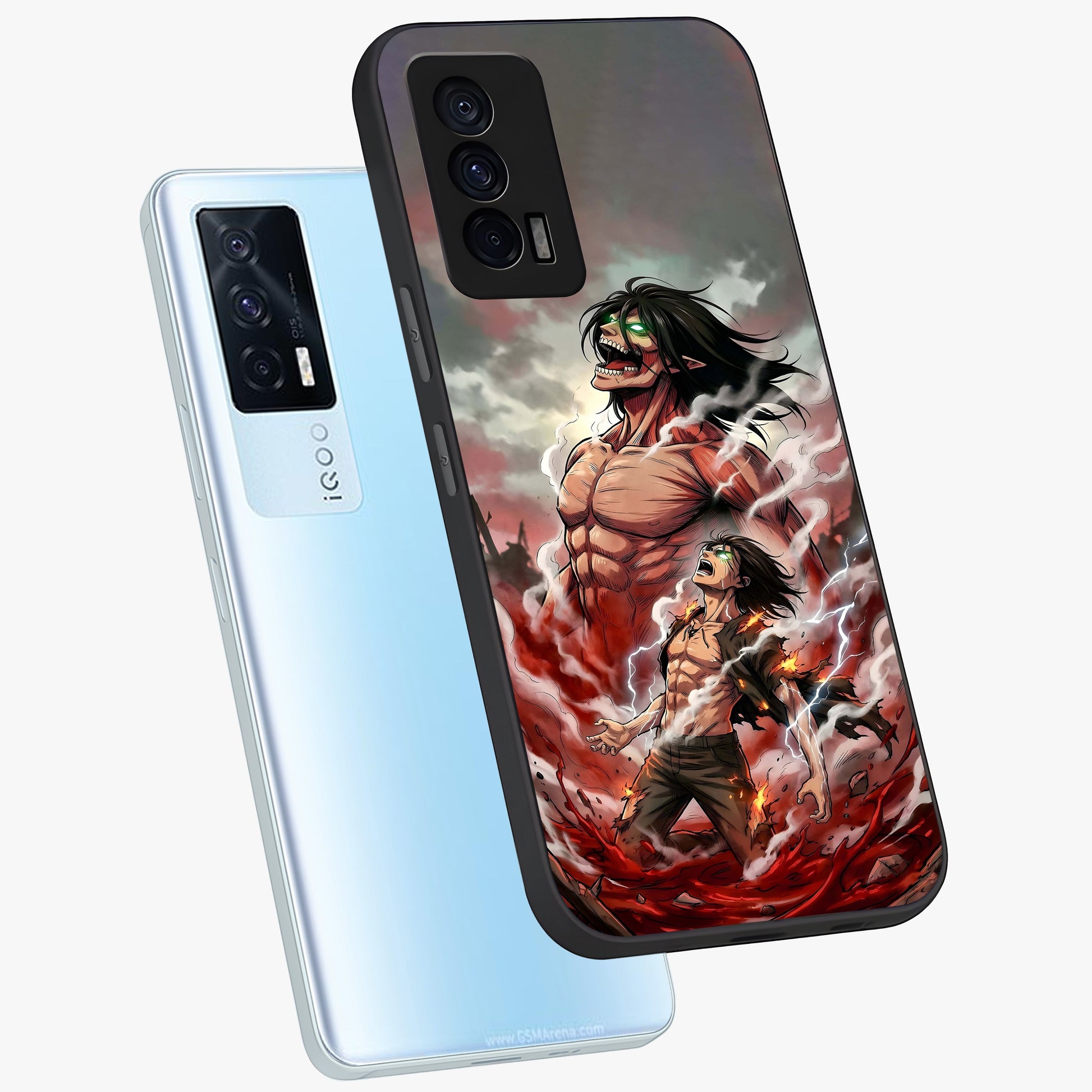 Titan Awakening Fury Glass Case displayed in angled mockup highlighting dramatic giant warrior design with bold anime aesthetic.