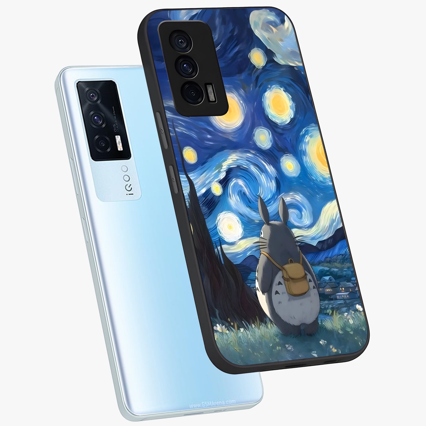 Totoro In Van Gogh Art Glass Case displayed in angled mockup highlighting artistic swirling sky design with playful animation aesthetic.
