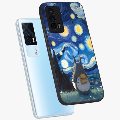 Totoro In Van Gogh Art Glass Case displayed in angled mockup highlighting artistic swirling sky design with playful animation aesthetic.