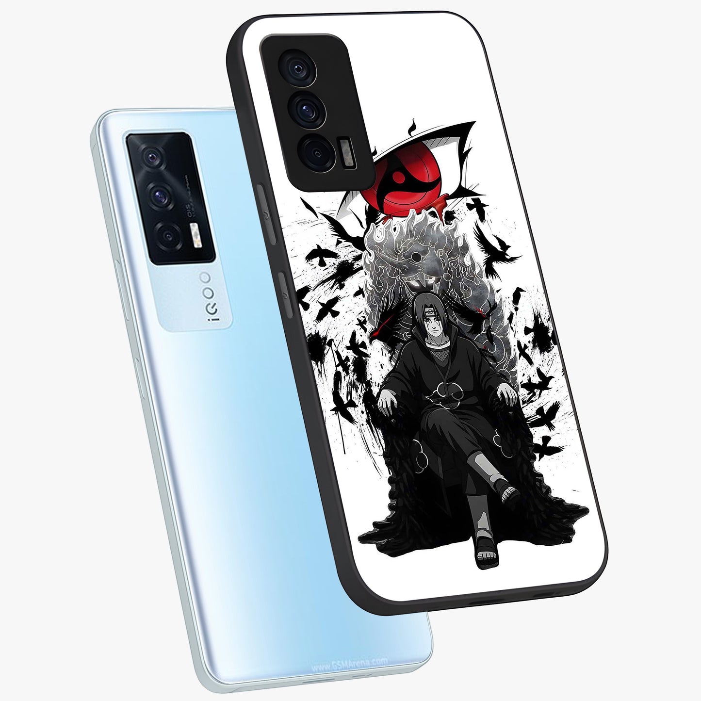 Uchiha Shadow Throne Glass Case displayed in angled mockup highlighting glowing aquatic design with celestial aesthetic.