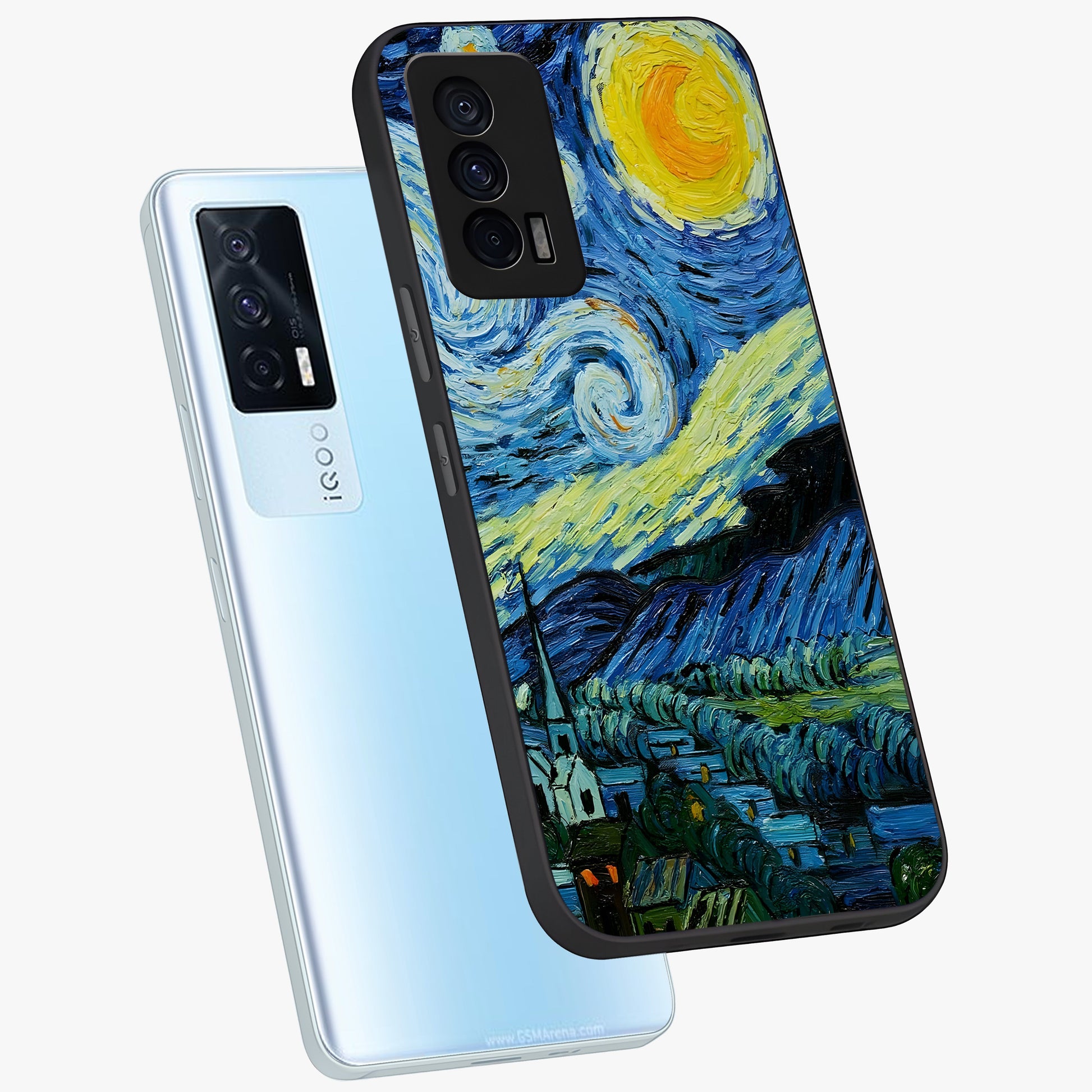 Van Gogh Art Glass Case displayed in angled mockup highlighting swirling brushstroke design with artistic aesthetic.